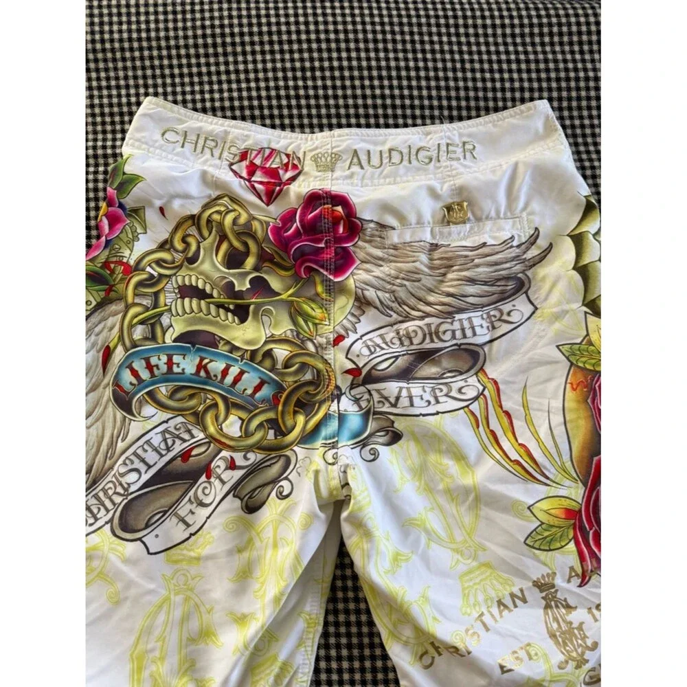 Christian Audigier Tattoo-Print Ed Hardy Board Shorts with Skull/Tiger Y2K! 💀